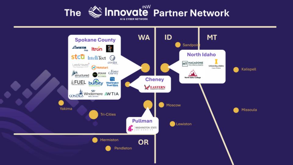 Map of the InnovateINW partner network across the Inland Northwest, showing partner organizations in Spokane County, North Idaho, Cheney, and Pullman